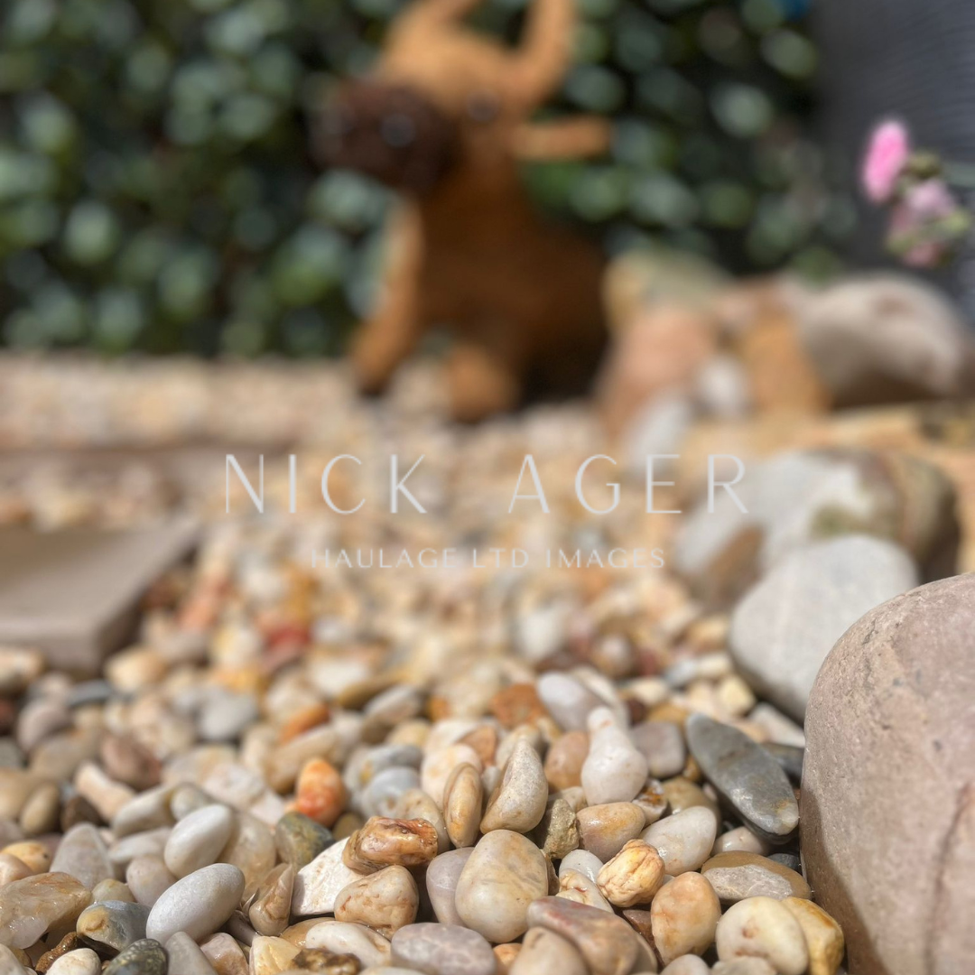 Close-up of a pebbled surface in a garden, with a blurred decorative figure in the background. The stones vary in size and colour, creating a natural aesthetic.