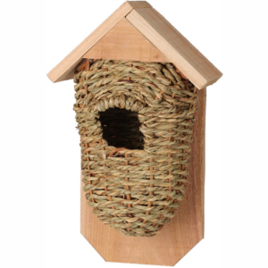 A handcrafted birdhouse featuring a woven natural material front and a wooden roof, designed for bird nesting.