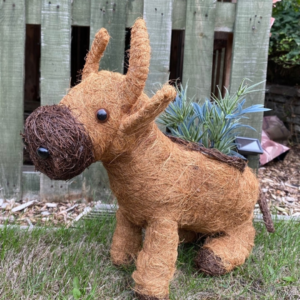 A decorative dog-shaped planter crafted from natural fibres, featuring a brown body and black button eyes, with green plants on its back, set against a wooden fence.