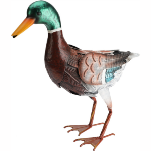 A decorative metal sculpture of a mallard duck, featuring a green head, brown and bronze body, and intricate feather detailing.