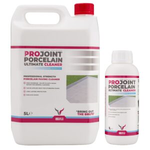 Two bottles of PROJOINT Porcelain Ultimate Cleaner, one 5 litres and one 1 litre, showcasing product features and usage instructions.