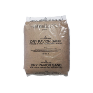 A sealed 25kg bag of dry pavior sand for joint filling applications, with warning labels and storage instructions visible.