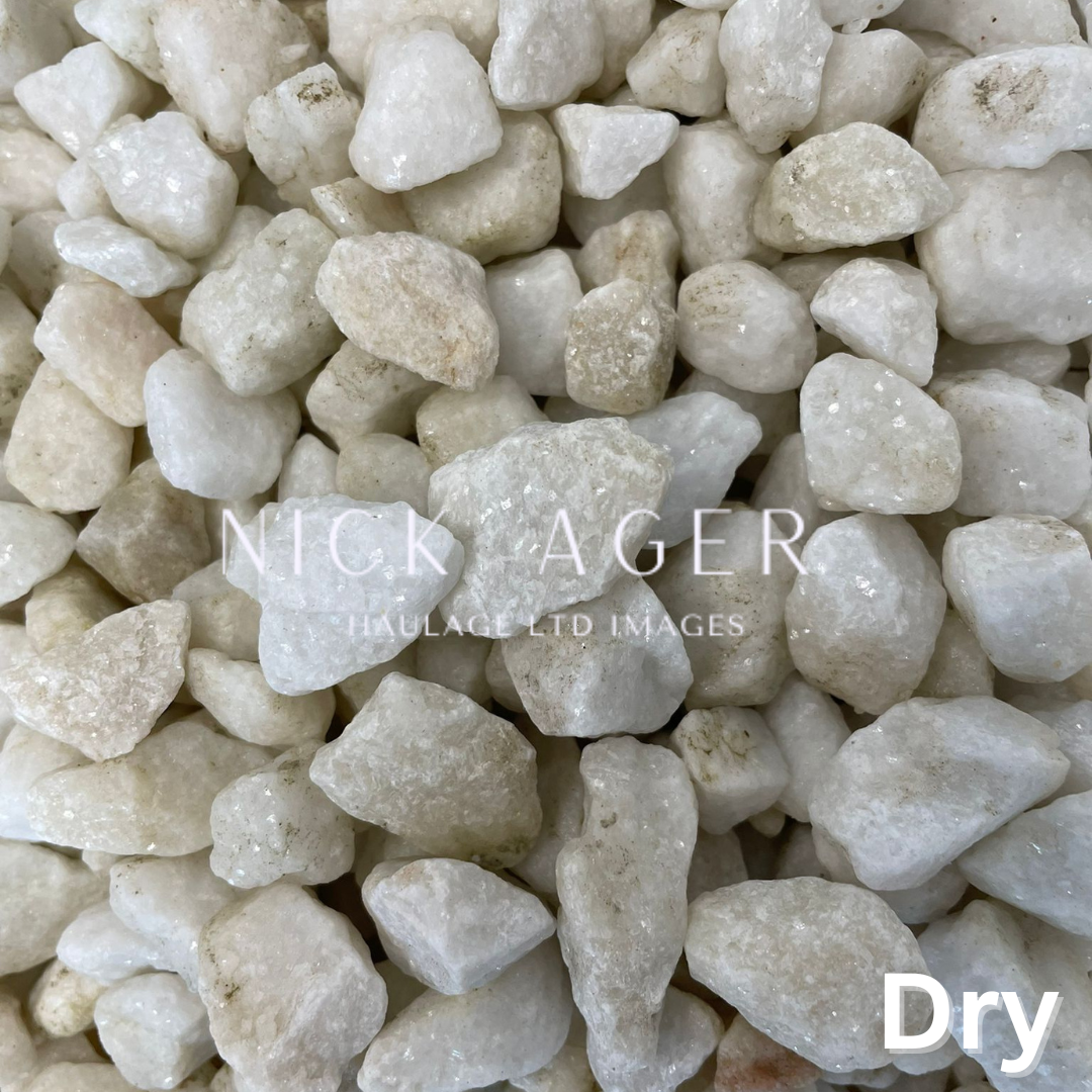 A close-up of assorted dry white pebbles of different sizes, showcasing their crystalline texture and natural colour variations.