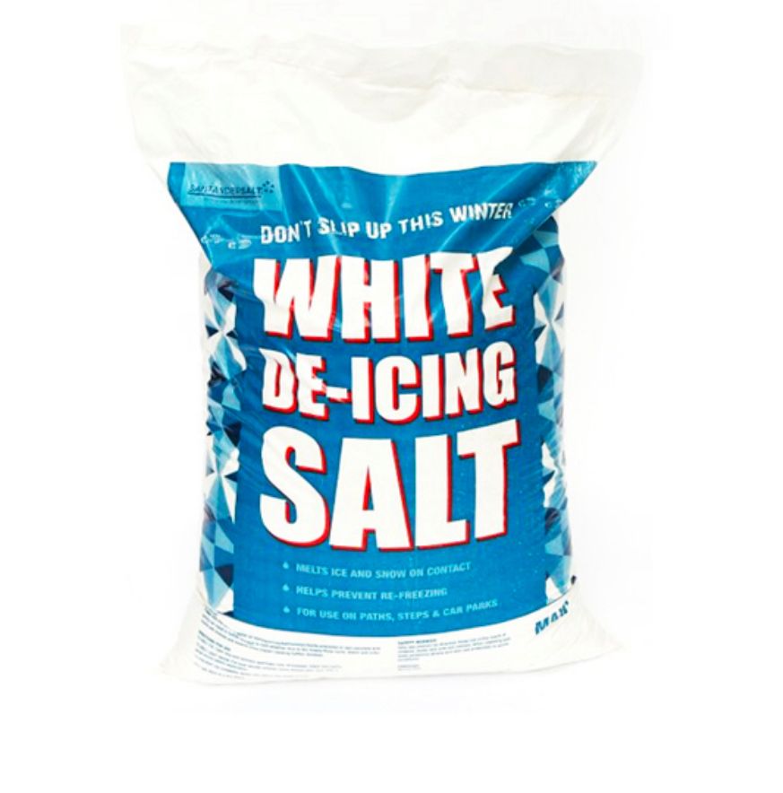 A bag of white de-icing salt featuring blue and white packaging with the text 'White De-Icing Salt' prominently displayed.