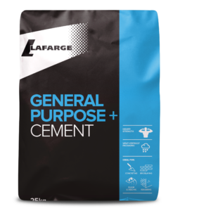 A 25kg bag of Lafarge General Purpose Cement with a black and blue design, featuring text indicating 'HIGHER STRENGTH' and 'WEATHERPROOF PACKAGING', along with icons for use in concrete, bricklaying, floor screeding, and rendering.