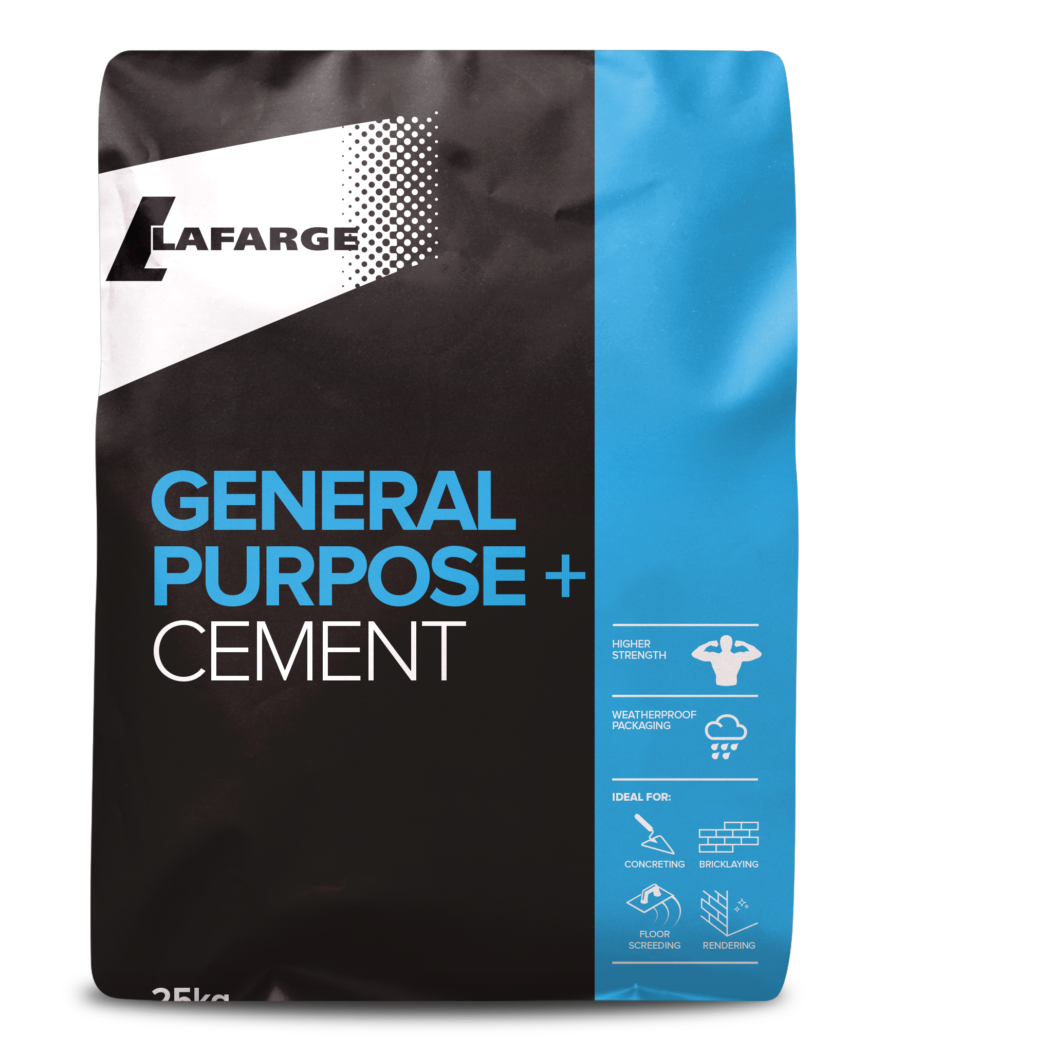 A 25kg bag of Lafarge General Purpose Cement with a black and blue design, featuring text indicating 'HIGHER STRENGTH' and 'WEATHERPROOF PACKAGING', along with icons for use in concrete, bricklaying, floor screeding, and rendering.