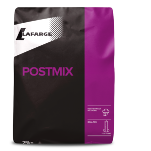 A 25kg bag of Lafarge Postmix, featuring a black and purple design with the Lafarge logo and text indicating it is ideal for post fixing and has weatherproof packaging.