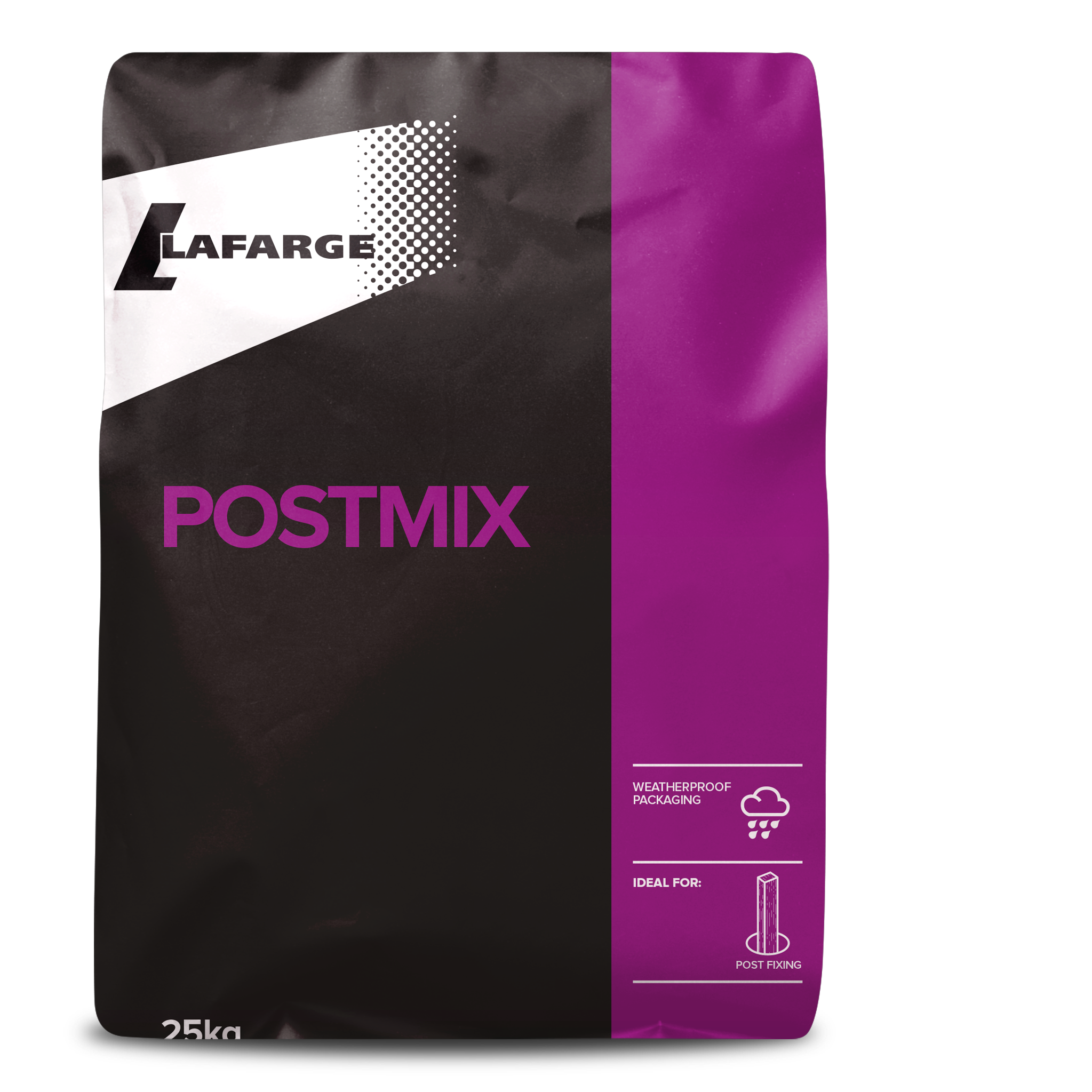 A 25kg bag of Lafarge Postmix, featuring a black and purple design with the Lafarge logo and text indicating it is ideal for post fixing and has weatherproof packaging.