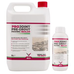 Two containers of ProJoint Pre-Grout Paving Sealer, a 5 litre bottle and a 1 litre bottle, designed for stone and porcelain surfaces.