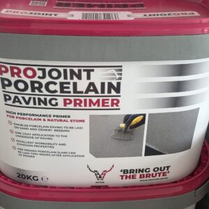 Buckets of Projoint Porcelain Paving Primer with details about its use for porcelain and natural stone paving, featuring application instructions and benefits.