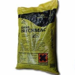 A yellow bag of 6mm Patchmac repair compound, displaying hazard symbols and product details.