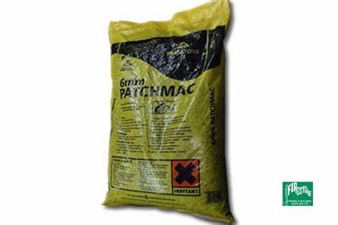 A yellow bag of 6mm Patchmac repair compound, displaying hazard symbols and product details.